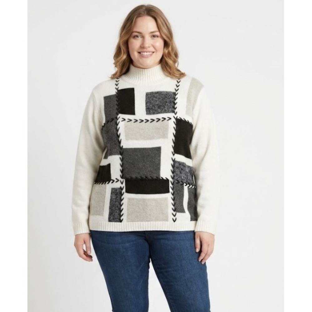 Vintage Dressbarn Medium Color-Block Artsy Mock Neck Wool Blend Sweater
